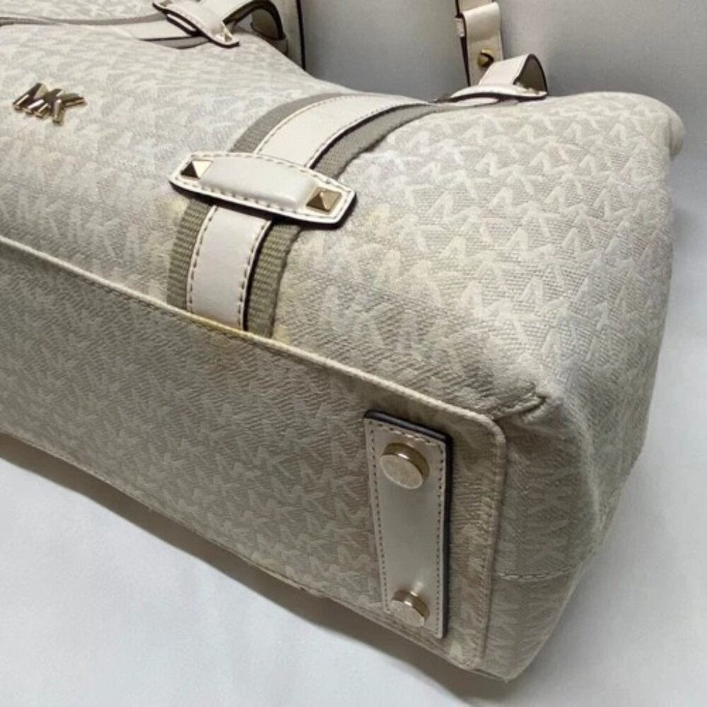 Michael Kors Griffin Large Logo Tote Natural Jacqard Canvas Leather Trim GUC - Picture 6 of 16